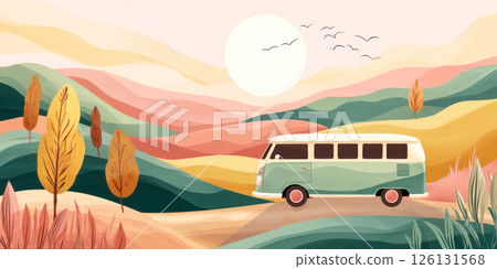 Vintage van driving through colorful hills under a bright sun with a serene landscape backdrop 126131568
