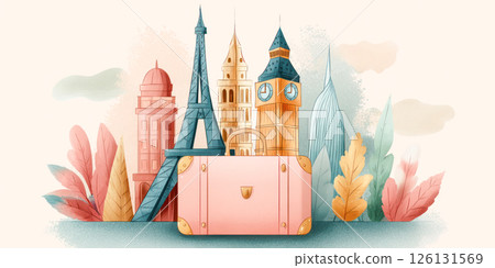 Colorful travel illustration featuring iconic landmarks and a stylish pink suitcase 126131569