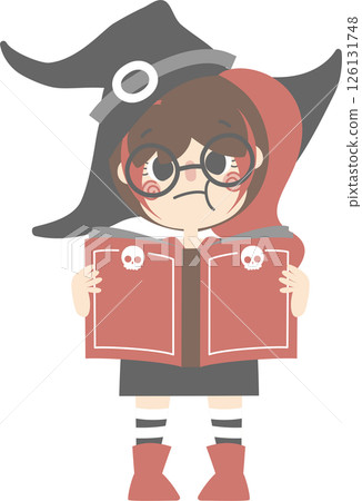 happy halloween holiday festival with girl wearing witch costume reading magic book, flat png illustration cartoon character design 126131748