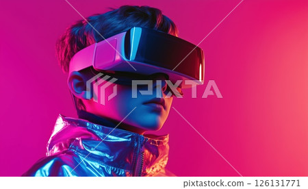 Youthful Boy In Vr Glasses: Embracing The Future Of Digital Technology And Gaming In Neon Lights. Ideal For Advertisement With Copy Space. 126131771