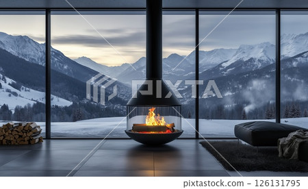Cozy Warmth By The Modern Black Fireplace: Enjoying Burning Fire And Mountain Views Through Big Windows In Cold Season. 126131795