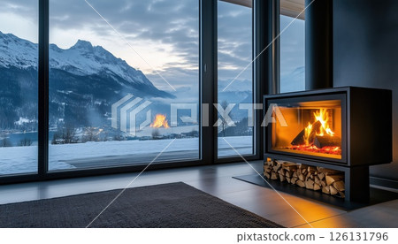Cozy Warm Moments By The Modern Black Fireplace With Burning Fire And Firewood On Metal Stand Near Big Windows With Mountain View During Cold Season. 126131796