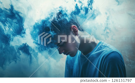 A Troubled Youth Struggles With Memory Loss And Confusion In A Depressed State. Clouded Mind And Sad Thoughts. Teenage Depression. 126131797