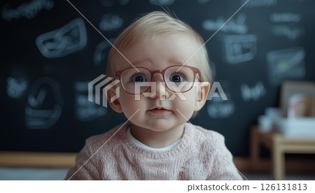 Adorable Little Boy In Glasses Gazing At The Camera With Hand-Drawn Doodles On The Blackboard In Background. Adorable Little Boy In Glasses Gazing At The Camera With Hand-Drawn Doodles On The Blackboard In Background. 126131813