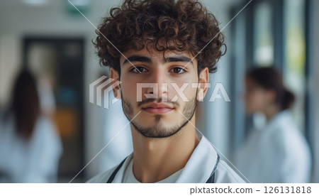 Medical Student With Curly Hair Gazing At The Camera, Captured In The Classroom Setting. Portrait Of A Future Doctor. 126131818