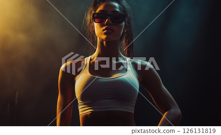 Fit Woman With Defined Abs Posing On Dark Background. A Physically Fit Woman Showing Off Her Toned Stomach Against A Dark Backdrop. 126131819