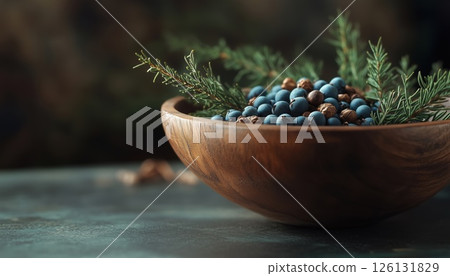 Juniper Berries And Branches In A Wooden Bowl: A Rustic Display Of Nature'S Bounty With A Sprig Of Freshness Included. 126131829