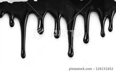 Realistic Dripping Black Liquid Pattern: Repeatable Fluid Paint On White. Halloween Or Black Friday Theme For Horizontal Border Design. Seamless And Oozing Effect. 126131852