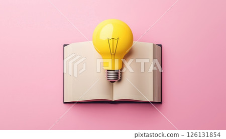 Yellow Light Bulb And Pencil Next To An Open Book On A Pink Background, Symbolizing Education And The Creation Of Ideas In An Abstract Render. 126131854