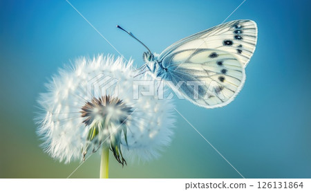Stunning Tender Butterfly On A Clear Blue Close-Up Macro On A Dandelion Flower In Spring With Beautiful Blurred Background. Dreamy Romantic Artistic Image. 126131864