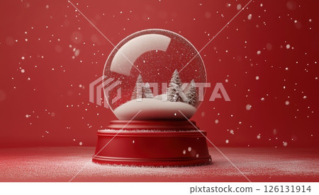Realistic Studio Setting With Transparent Christmas Snow Globe On Red Round Stand Podium For 126131914