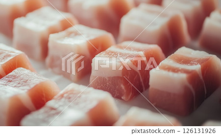Full Depth Of Field Image Featuring Raw Pork Belly Slices On A White Background Full Depth Of Field Image Featuring Raw Pork Belly Slices On A White Background 126131926