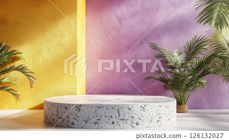 Landscape With Pastel Pink Scene Mockup And Terrazzo Podium Against Purple And Yellow Wall Landscape With Pastel Pink Scene Mockup And Terrazzo Podium Against Purple And Yellow Wall 126132027