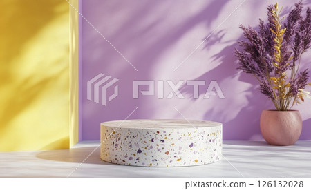 Pastel Pink And Terrazzo Podium Set Against A Landscape Of Purple And Yellow Wall In A Rendered Pastel Pink And Terrazzo Podium Set Against A Landscape Of Purple And Yellow Wall In A Rendered 126132028