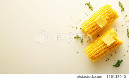 Delicious Boiled Corn With Butter And Herbs On A White Kitchen Table 126132040