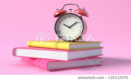 Cute Smooth Calendar Marked Approved Alarm For Eight O'Clock On Stack Of Books For Day 126132076