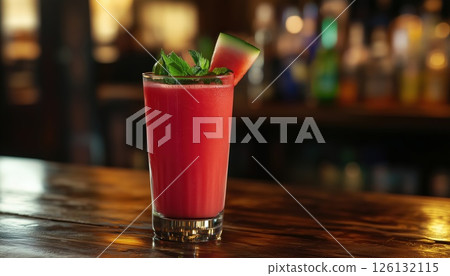 Selective Focus Captured A Watermelon Smoothie On A Wooden Table 126132115