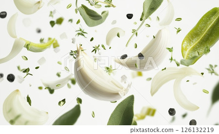 Assorted Ingredients Falling On White Background Assorted Ingredients Falling On White Background 126132219