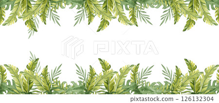 Watercolor horizontal square Frame from Tropical Leaves, banner. Eucalyptus, Monstera and Banana Palm with Liana. Hand drawn botanical jungle illustration on a white background. Ideal for greeting 126132304