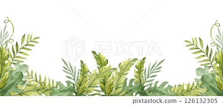 Tropical Leaves watercolor horizontal square Frame, banner. Eucalyptus, Monstera and Banana Palm with Liana. Hand drawn botanical illustration on a white background. Ideal for greeting cards and 126132305