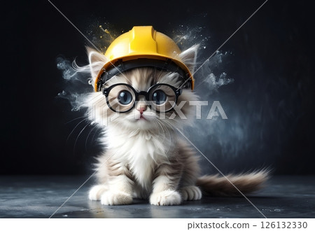 Kitten in a construction helmet looks adorable and very funny Kitten in a construction helmet looks adorable and very funny 126132330