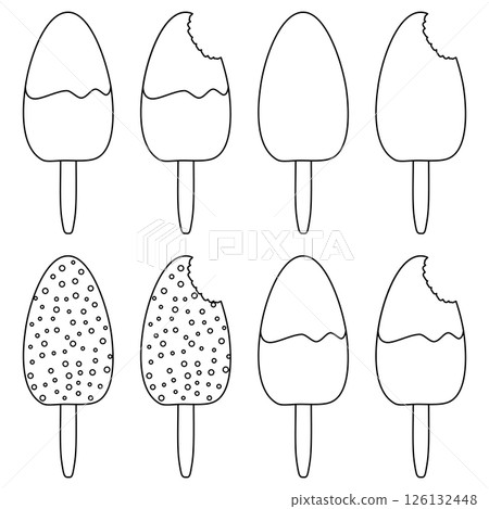 Coloring with summer outline drawing set of ice cream on a stick with toppings in different shapes - whole and bitten off, and teeth marks. For summertime dessert entertaining black and white design. 126132448