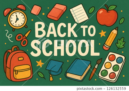 Back to School Cartoon Illustration with School Supplies Back to School Cartoon Illustration with School Supplies 126132559