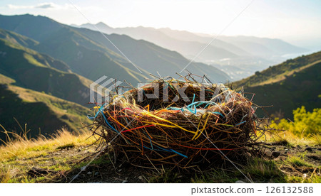 Birds nest meticulously woven from colourful plastic strips instead of twigs 126132588