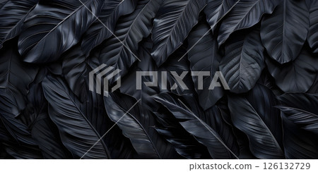 Tropical Leaf Background: Abstract Black Foliage, Dark Tropical Foliage: Abstract Leaves Background - Ai Generated 126132729