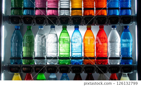 Backlit vending machine filled with reusable bottles  126132799