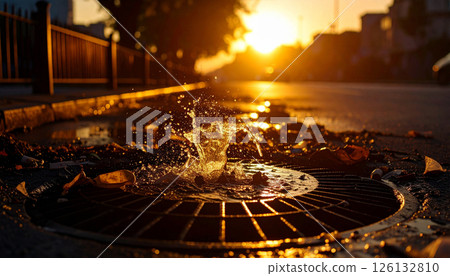 Street drain grate overflowing with plastic waste 126132810