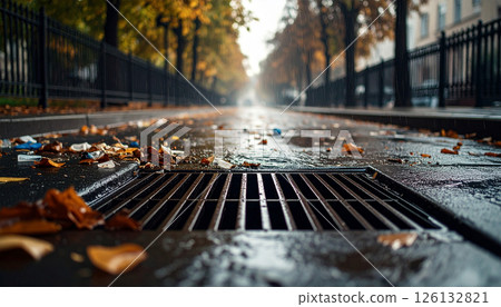 Street drain grate overflowing with plastic waste Street drain grate overflowing with plastic waste 126132821