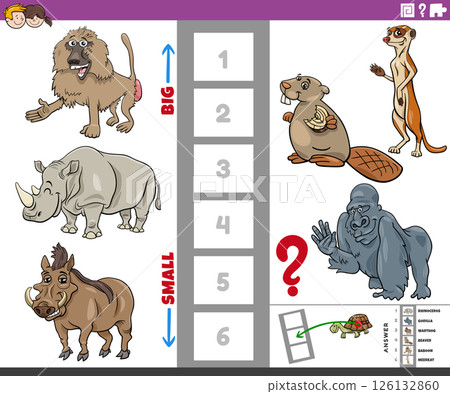 educational puzzle activity with big and small cartoon animals educational puzzle activity with big and small cartoon animals 126132860