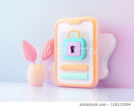 Mobile phone with lock icon on screen and decorative plant, pastel colors, secure digital access concept with soft lighting and smooth shapes 126132894