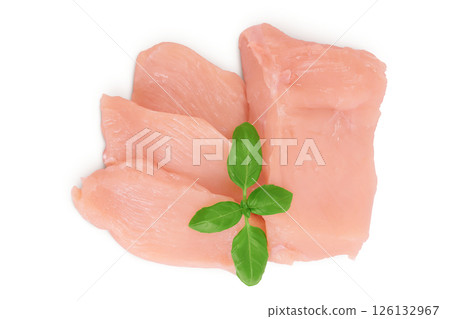 Raw chicken, fillet, isolated on white background. Top view. Flat lay Raw chicken, fillet, isolated on white background. Top view. Flat lay 126132967