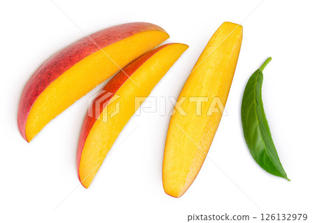 mango slices isolated on white background with full depth of field. Top view. Flat lay mango slices isolated on white background with full depth of field. Top view. Flat lay 126132979