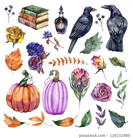 Watercolor Halloween illustration set.Vintage Victorian Halloween decor, mystical witchy elements, books, pumpkins, ravens, gothic style set Watercolor Halloween illustration set.Vintage Victorian Halloween decor, mystical witchy elements, books, pumpkins, ravens, gothic style set 126132980