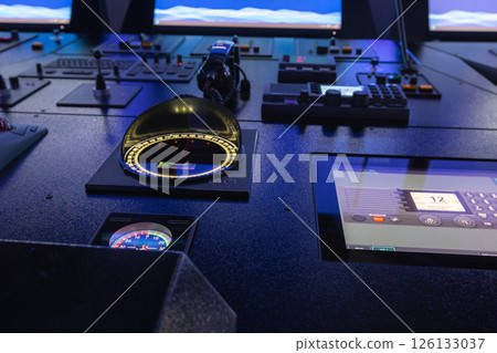 Marine navigation simulator. High-tech ship navigation bridge control panel 126133037