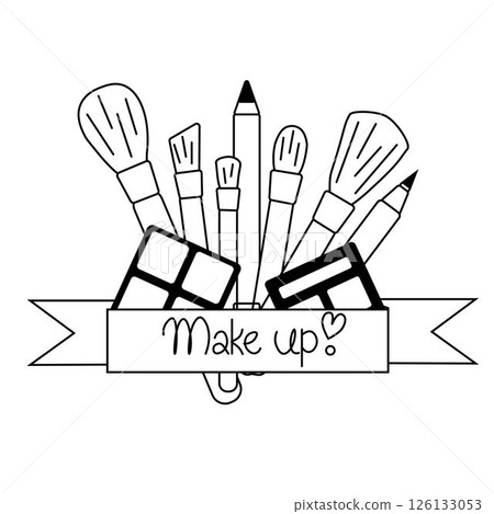 Cosmetics products, fashion makeup banner. Brushes, powder palettes, lipstick, eye pencil, composition. Vector graphic line illustration. Black and white cute cosmetic makeup art. 126133053
