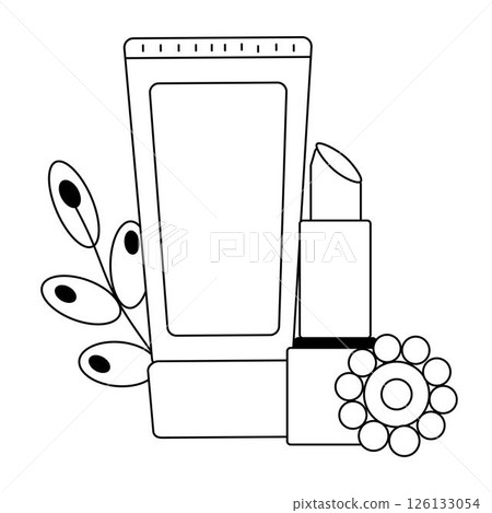cream with lipstick and flowers composition. Vector graphic line illustration. Black and white cute cosmetic makeup art. Banner, poster, wrapping paper, sticker, print, modern textile design. 126133054