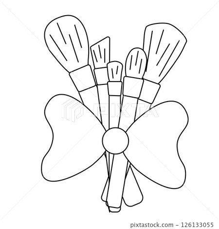 Makeup brushes with bow composition. Vector graphic line illustration. Black and white cute cosmetic makeup art. Banner, poster, wrapping paper, sticker, print, modern textile design. 126133055