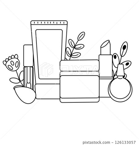 Makeup Cosmetic Product composition. Vector graphic line illustration. Black and white cute cosmetic makeup art. Banner, poster, wrapping paper, sticker, print, modern textile design. 126133057