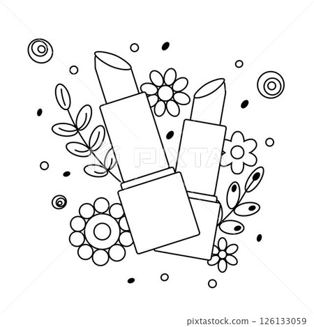 Lipstick with flowers and leaves composition. Vector graphic line illustration. Black and white cute cosmetic makeup art. illustration for package, vacation design, fabric and textile. 126133059