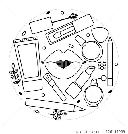 Makeup tools Round circle composition. Vector graphic line illustration. Black and white cute cosmetic makeup art. For poster, party invitation, backdrop, ad, sale promotion, print for t-shirt Makeup tools Round circle composition. Vector graphic line illustration. Black and white cute cosmetic makeup art. For poster, party invitation, backdrop, ad, sale promotion, print for t-shirt 126133069