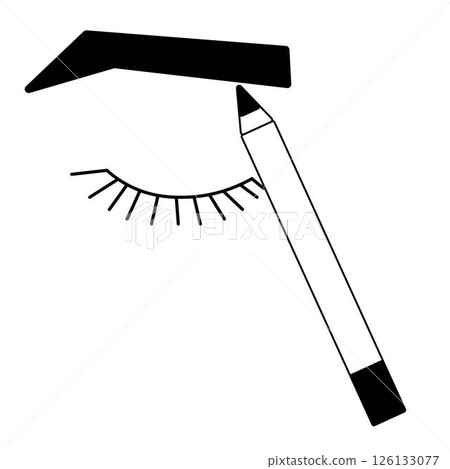 Eyebrow pencil with eye and brow composition. Vector graphic line illustration. Black and white cute cosmetic makeup art. illustration for package, vacation design, fabric and textile. 126133077