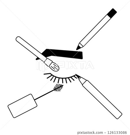 Decorative cosmetics for makeup and beauty eye with mascara, eyeliner, pencil and brush. composition. Vector graphic line illustration. Black and white cute cosmetic makeup art. 126133086