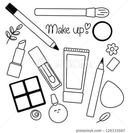 Cosmetics composition. Vector graphic line illustration. Black and white cute cosmetic makeup art. Perfect for cards, decorations, stickers, logo, menu, various designs. 126133087