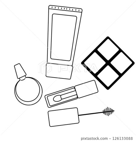Beauty product composition. Vector graphic line illustration. Black and white cute cosmetic makeup art. Banner, poster, wrapping paper, sticker, print, modern textile design. Beauty product composition. Vector graphic line illustration. Black and white cute cosmetic makeup art. Banner, poster, wrapping paper, sticker, print, modern textile design. 126133088