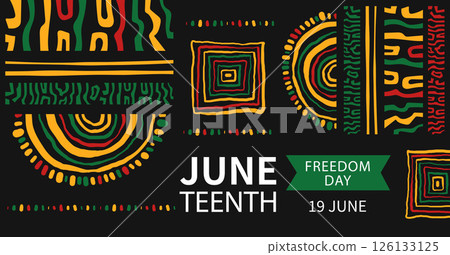Juneteenth celebration horizontal banner template. Background with Abstract ethnic ornament. Curved stripes, circle, animalistic pattern. African-American Independence Day. Vector doodle illustration. 126133125
