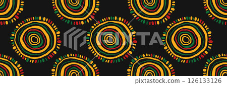 Abstract ethnic horizontal background with ornament. African geometric seamless pattern with hand drawn curved circles. Juneteenth celebration background. Vector doodle illustration. 126133126